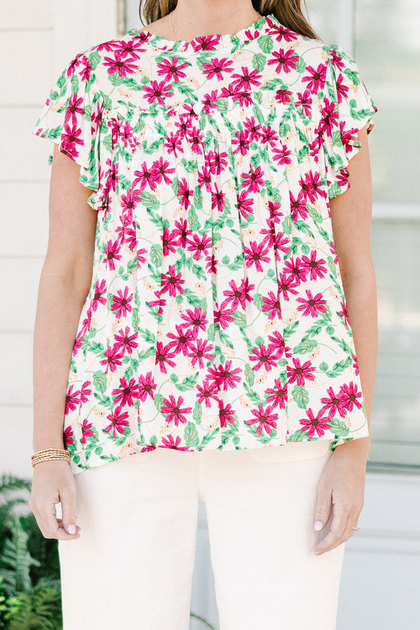 Chic Soul plus size clothing, short-sleeve ivory top with a subtle mock neck and a pink and green floral pattern 