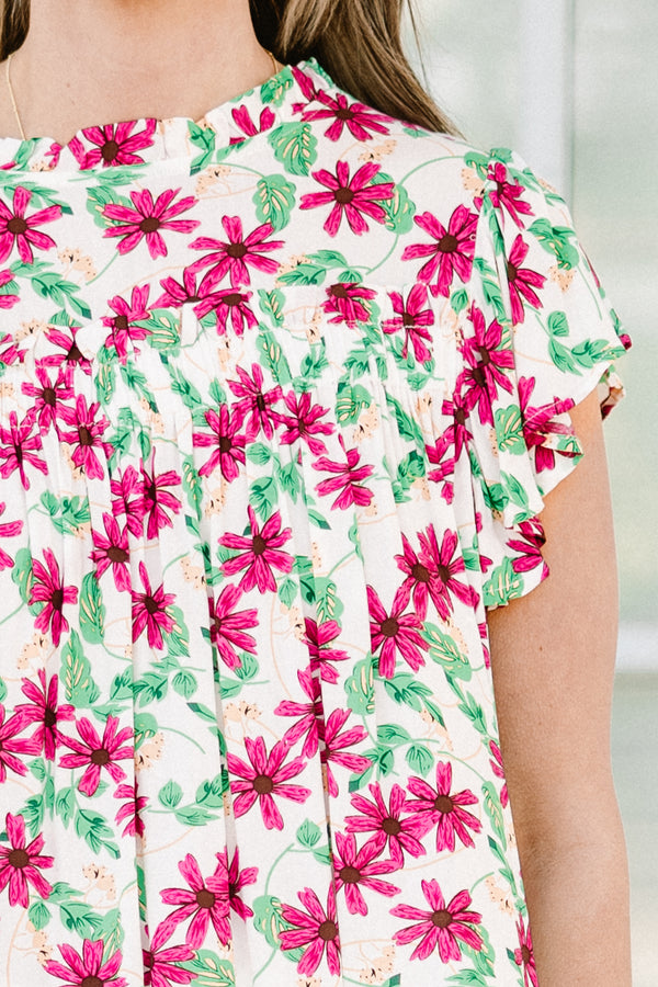 Chic Soul plus size clothing, short-sleeve ivory top with a subtle mock neck and a pink and green floral pattern 