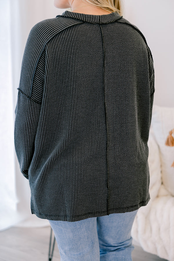 Chic Soul plus size clothing, charcoal grey and black striped long sleeve top