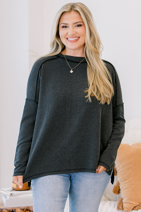 Chic Soul plus size clothing, charcoal grey and black striped long sleeve top
