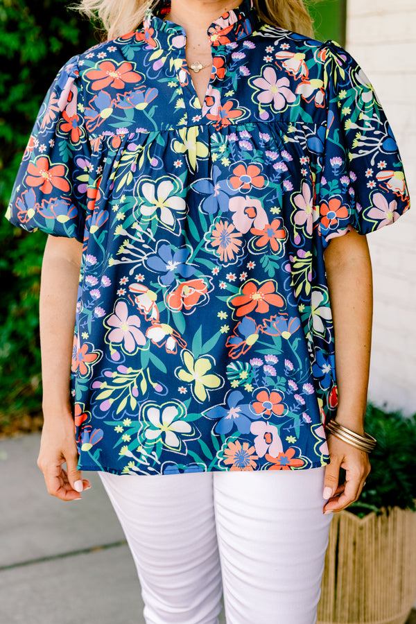 Chic Soul plus size clothing, navy blue short-bubble sleeve high collar slit neckline top with bright yellow and orange floral pattern