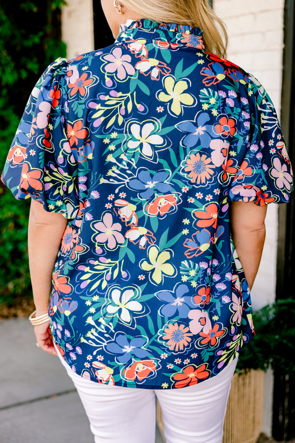 Chic Soul plus size clothing, navy blue short-bubble sleeve high collar slit neckline top with bright yellow and orange floral pattern