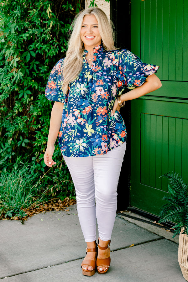 Chic Soul plus size clothing, navy blue short-bubble sleeve high collar slit neckline top with bright yellow and orange floral pattern