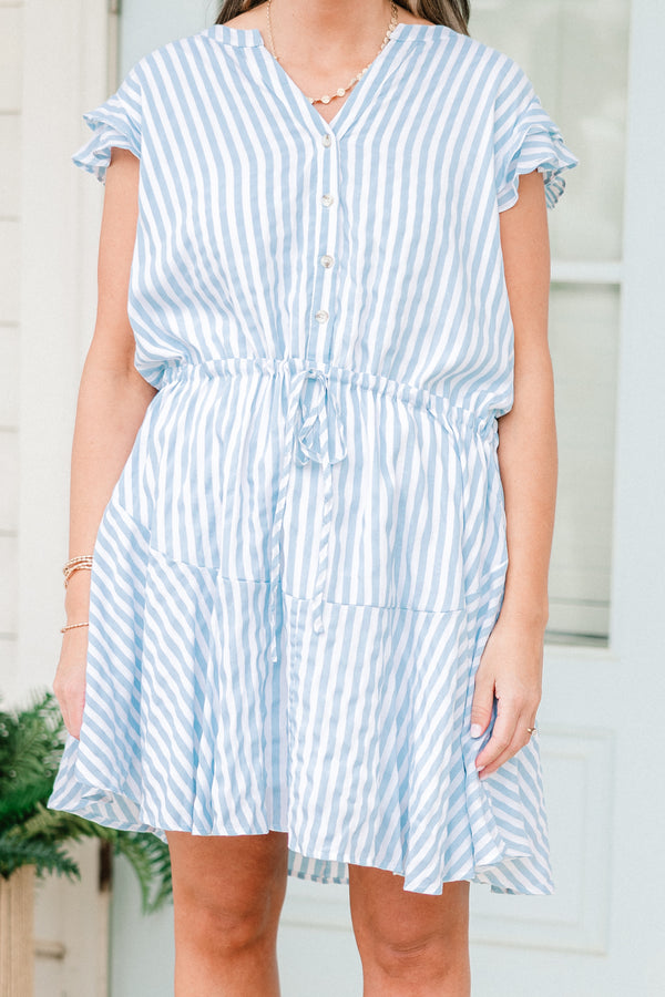 Chic Soul plus size clothing, short-flutter-sleeve blue and white striped dress with a split-v-neckline and a waist tie 