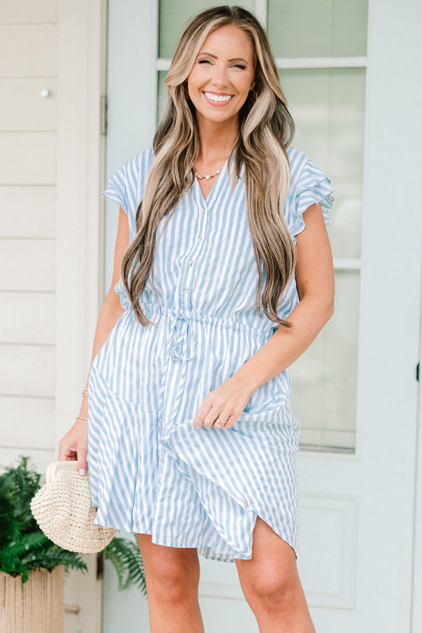 Chic Soul plus size clothing, short-flutter-sleeve blue and white striped dress with a split-v-neckline and a waist tie 