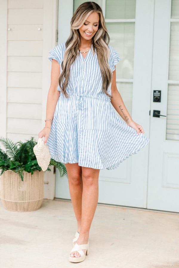 Chic Soul plus size clothing, short-flutter-sleeve blue and white striped dress with a split-v-neckline and a waist tie 