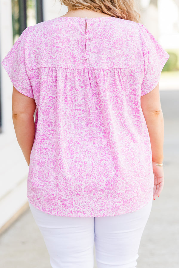 Chic Soul plus size clothing, pink paisley and embroidered short sleeve top