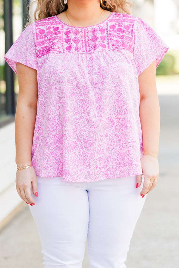 Chic Soul plus size clothing, pink paisley and embroidered short sleeve top