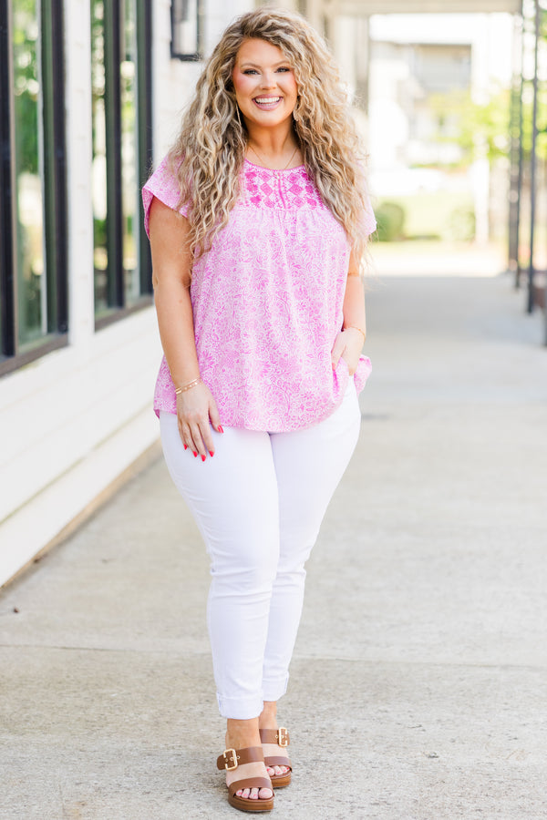 Chic Soul plus size clothing, pink paisley and embroidered short sleeve top