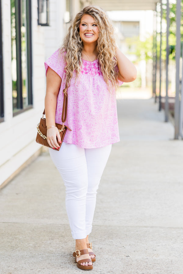 Chic Soul plus size clothing, pink paisley and embroidered short sleeve top