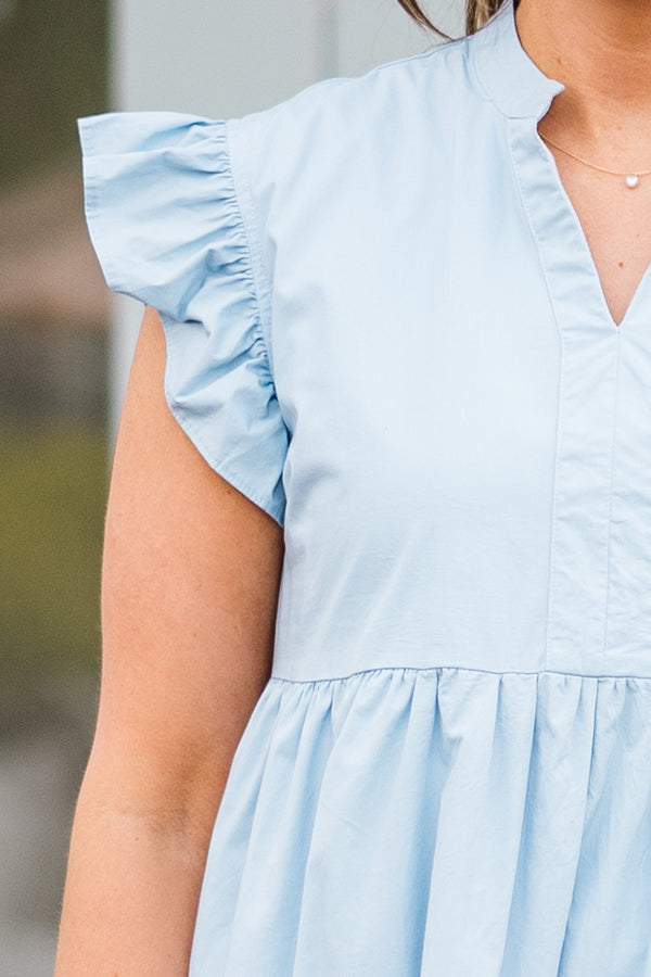 Chic Soul plus size clothing, blue tiered mini dress with v cutout along neckline with ruffle sleeves