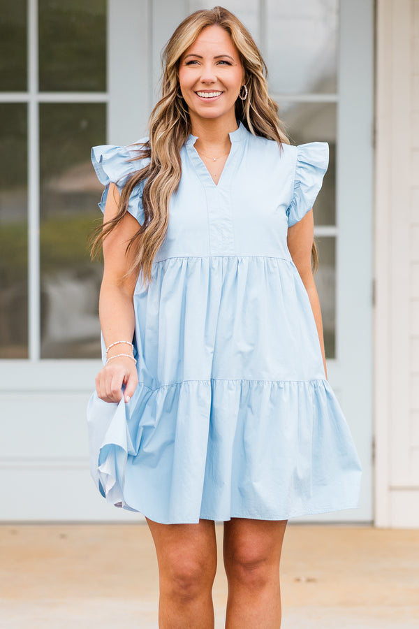 Chic Soul plus size clothing, blue tiered mini dress with v cutout along neckline with ruffle sleeves