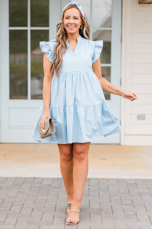 Chic Soul plus size clothing, blue tiered mini dress with v cutout along neckline with ruffle sleeves