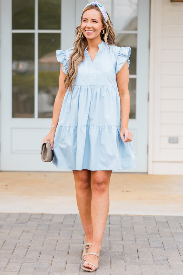 Chic Soul plus size clothing, blue tiered mini dress with v cutout along neckline with ruffle sleeves