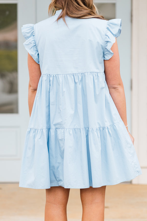 Chic Soul plus size clothing, blue tiered mini dress with v cutout along neckline with ruffle sleeves
