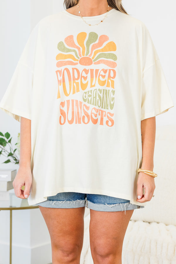 Chic Soul plus size clothing, short-sleeve ivory boyfriend tee with a high-scoop-neckline and graphic lettering stating 