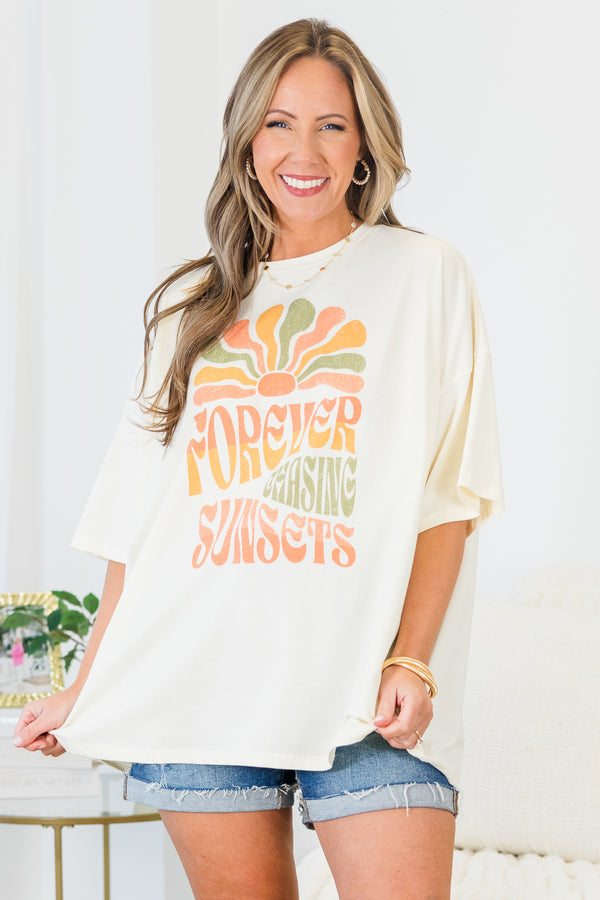 Chic Soul plus size clothing, short-sleeve ivory boyfriend tee with a high-scoop-neckline and graphic lettering stating 