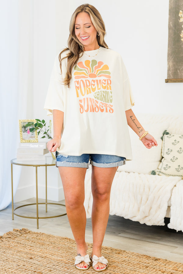 Chic Soul plus size clothing, short-sleeve ivory boyfriend tee with a high-scoop-neckline and graphic lettering stating 
