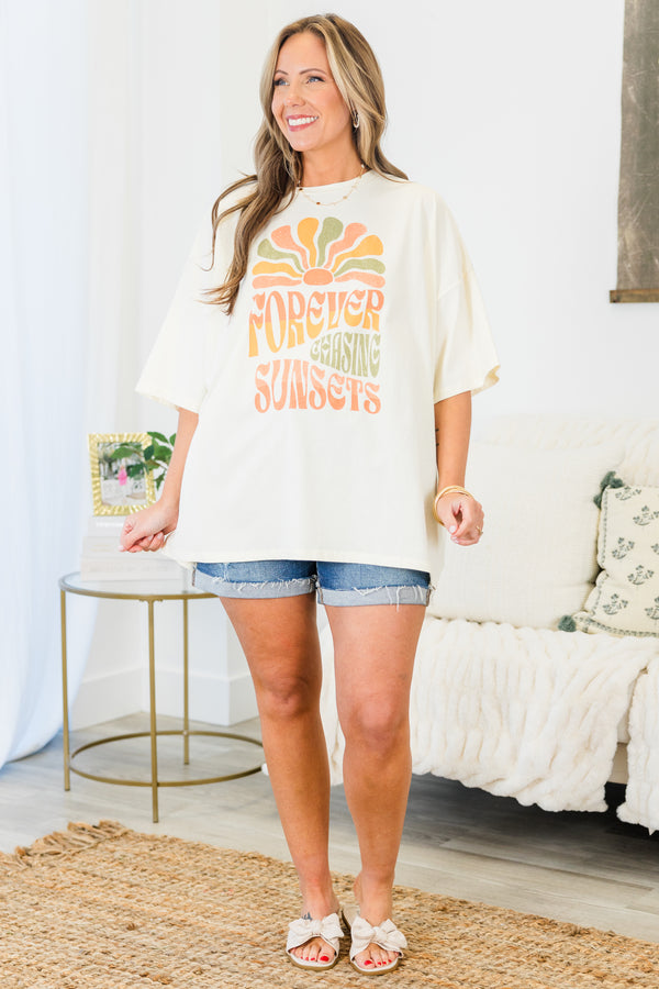 Chic Soul plus size clothing, short-sleeve ivory boyfriend tee with a high-scoop-neckline and graphic lettering stating 