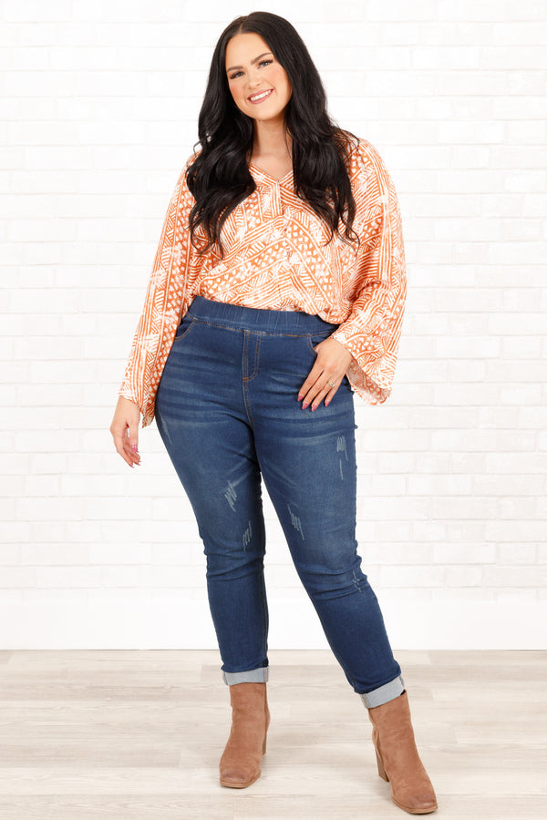 Chic Soul plus size clothing, rust and cream bohemian patterned bodysuit with crisscross neckline and bell sleeves