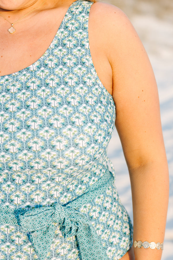 Chic Soul plus size clothing, palm leaf printed one shoulder one piece with a bow on top of the shoulder that ties on the shoulder or around the waist 