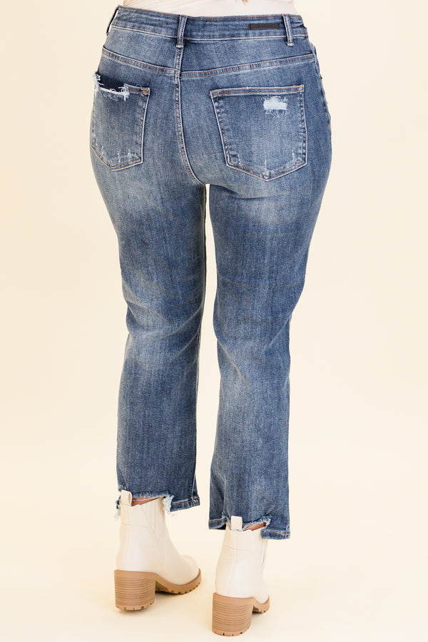 Chic Soul plus size clothing, medium wash straight leg jeans with light holes/distressing on knees with stitched hem