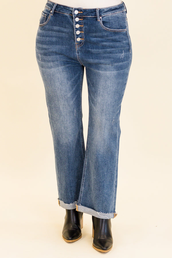 Chic Soul plus size clothing, dark wash straight leg denim jeans with raw hem at the bottom with no holes or distressing and 5 button up detail