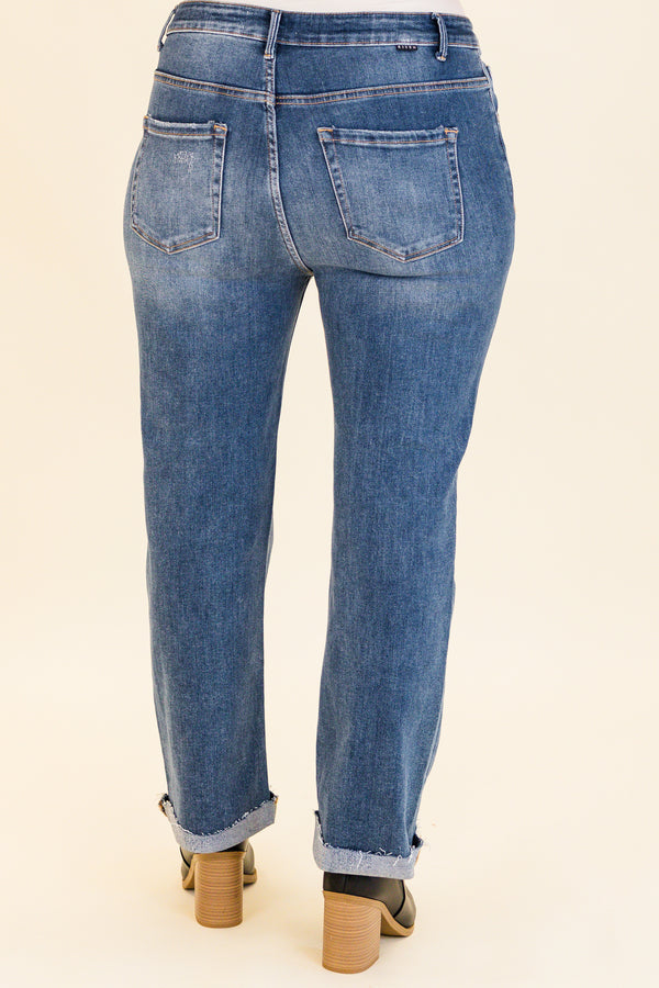Chic Soul plus size clothing, dark wash straight leg denim jeans with raw hem at the bottom with no holes or distressing and 5 button up detail