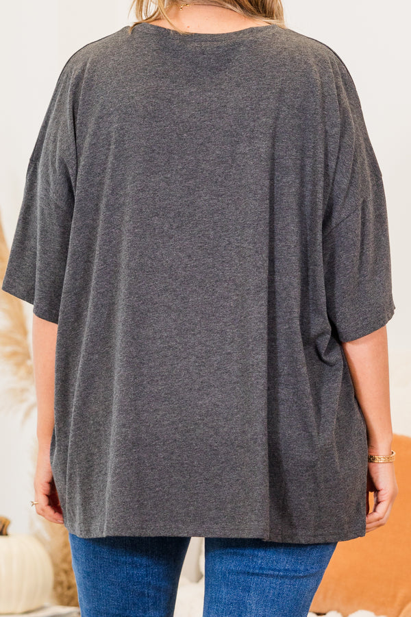 Chic Soul plus size clothing, charcoal short sleeve boyfriend tee with checkered graphic with orange pumpkin with checkered bow detail
