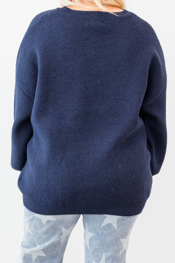 Chic Soul plus size clothing, navy long sleeve knit sweater with pink 