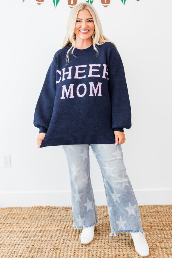 Chic Soul plus size clothing, navy long sleeve knit sweater with pink 
