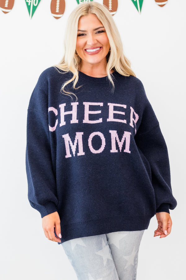 Chic Soul plus size clothing, navy long sleeve knit sweater with pink 