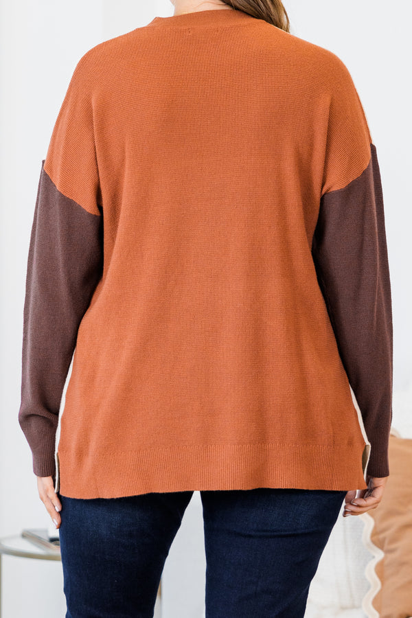 Chic Soul plus size clothing, long-sleeve oat-clay top with oat cream color block on bodice and clay orange sleeves and neckline 