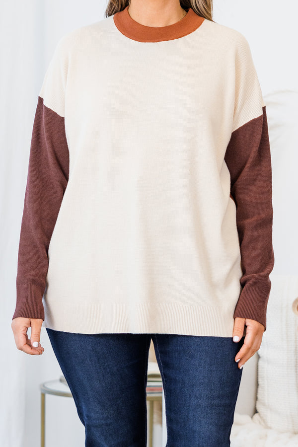 Chic Soul plus size clothing, long-sleeve oat-clay top with oat cream color block on bodice and clay orange sleeves and neckline 