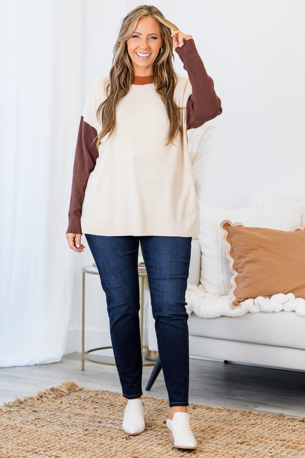 Chic Soul plus size clothing, long-sleeve oat-clay top with oat cream color block on bodice and clay orange sleeves and neckline 