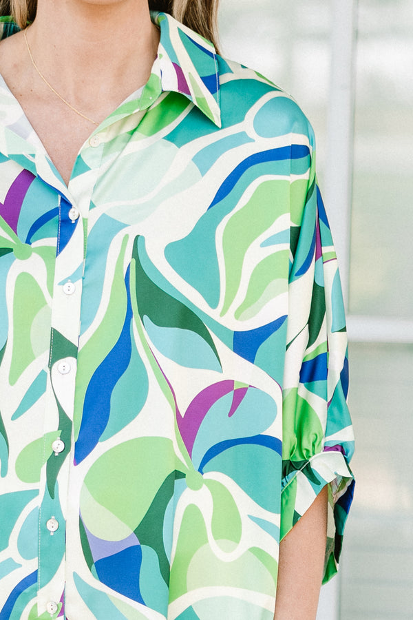 Chic Soul plus size clothing, green three quarter length sleeve button up top with green/blue abstract print top with collar detail and cuff sleeves