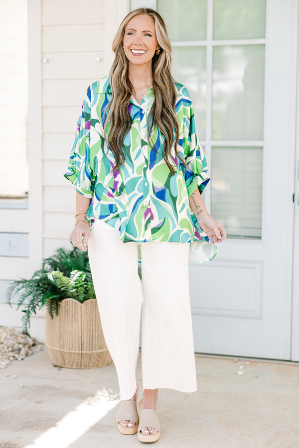 Chic Soul plus size clothing, green three quarter length sleeve button up top with green/blue abstract print top with collar detail and cuff sleeves