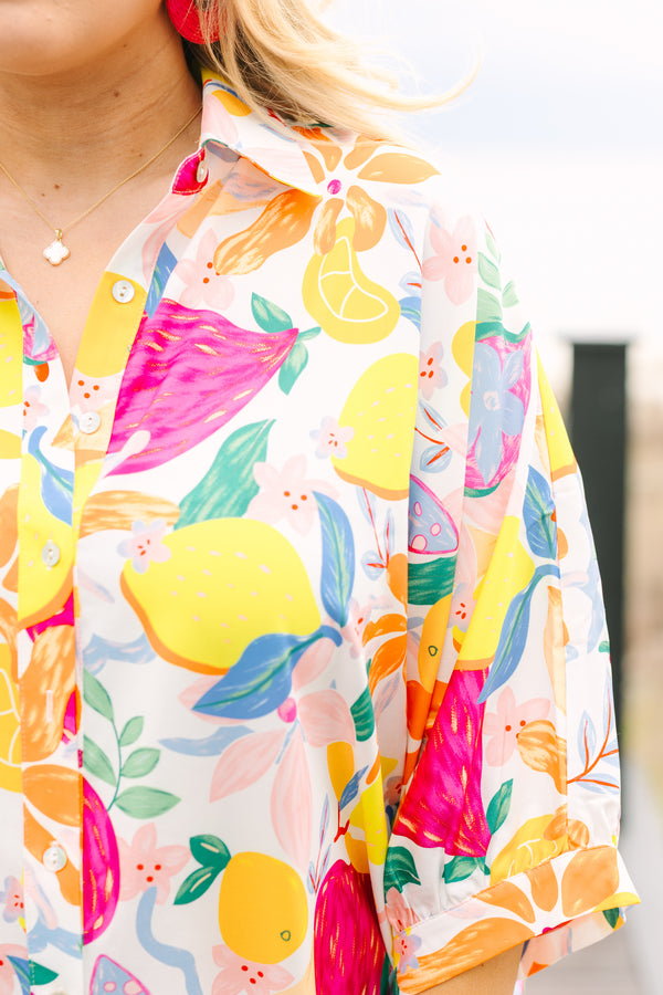 Chic Soul plus size clothing, half-sleeve cuffed sleeve collared buttoned multi-colored top with a tropical floral abstract pattern