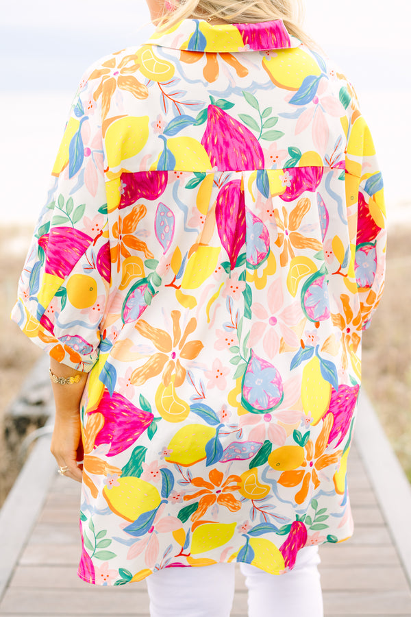 Chic Soul plus size clothing, half-sleeve cuffed sleeve collared buttoned multi-colored top with a tropical floral abstract pattern