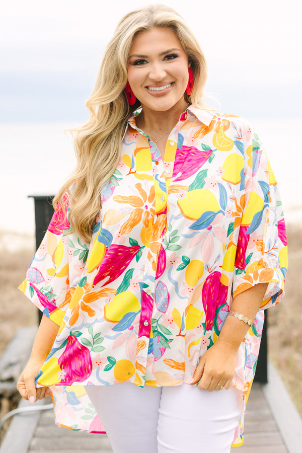 Chic Soul plus size clothing, half-sleeve cuffed sleeve collared buttoned multi-colored top with a tropical floral abstract pattern