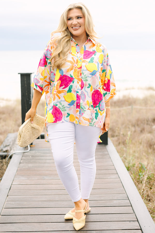 Chic Soul plus size clothing, half-sleeve cuffed sleeve collared buttoned multi-colored top with a tropical floral abstract pattern