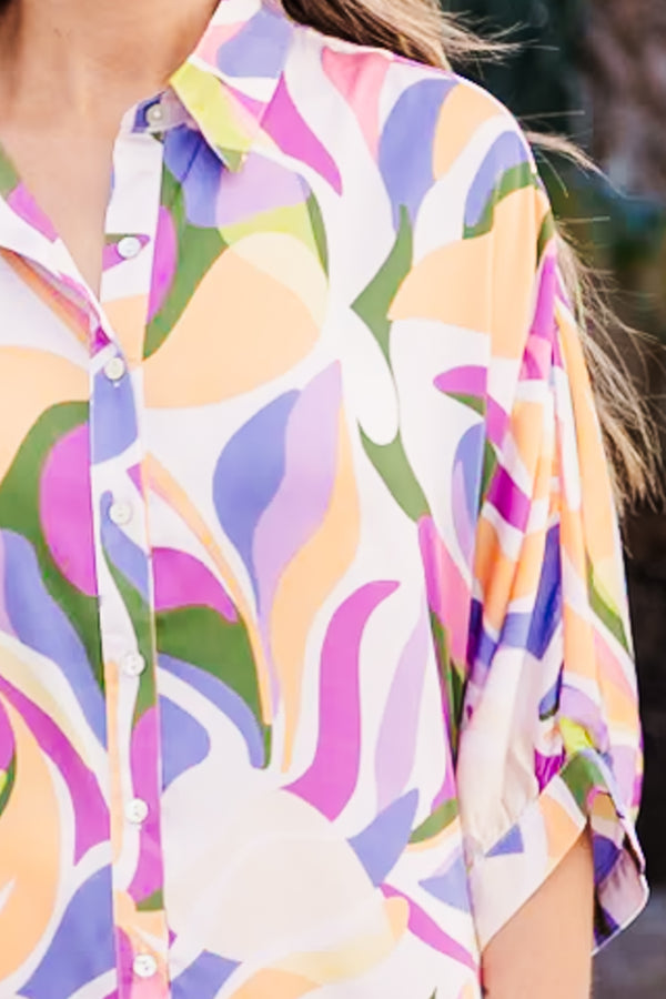 Chic Soul plus size clothing, multi color abstract print button up top with half length sleeves