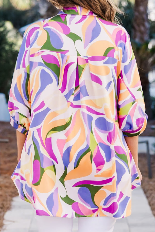 Chic Soul plus size clothing, multi color abstract print button up top with half length sleeves