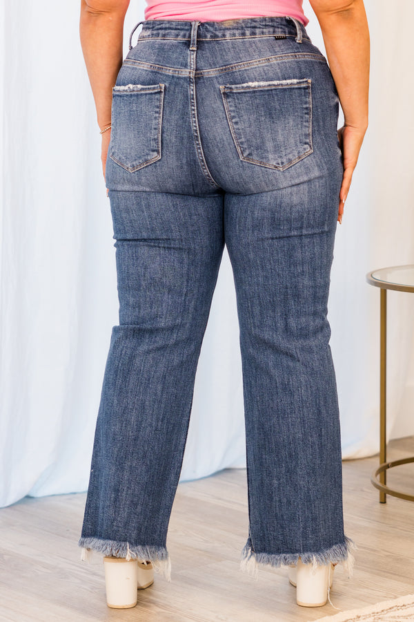 Chic Soul plus size clothing, medium wash straight leg denim jeans with distressed raw hem