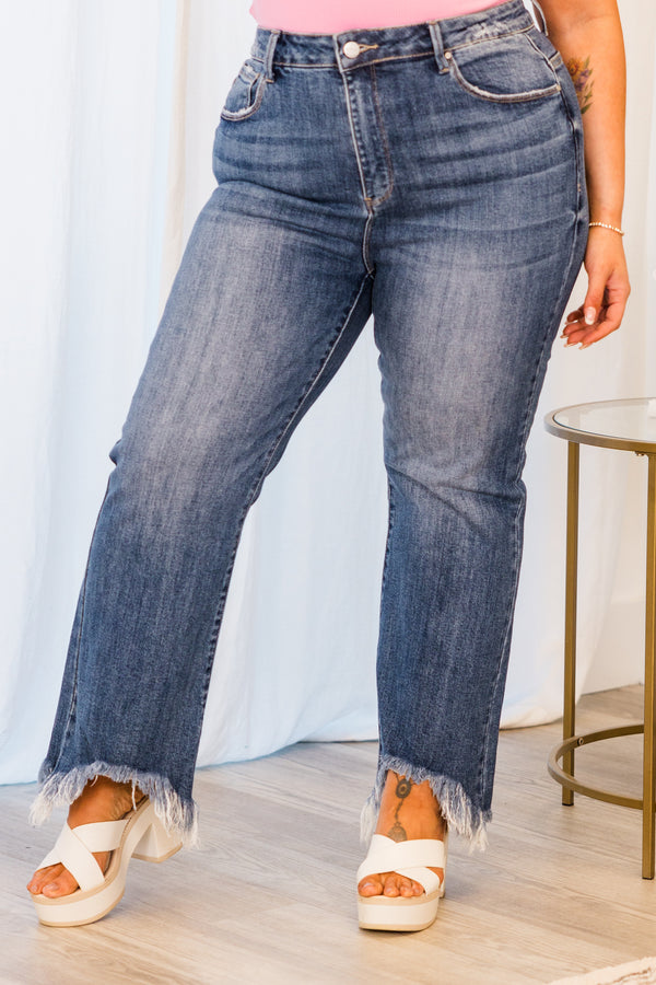 Chic Soul plus size clothing, medium wash straight leg denim jeans with distressed raw hem
