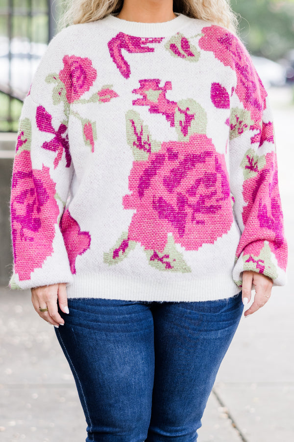 Chic Soul plus size clothing, white knit sweater with pink floral print with cuffed bubble sleeves with round neckline
