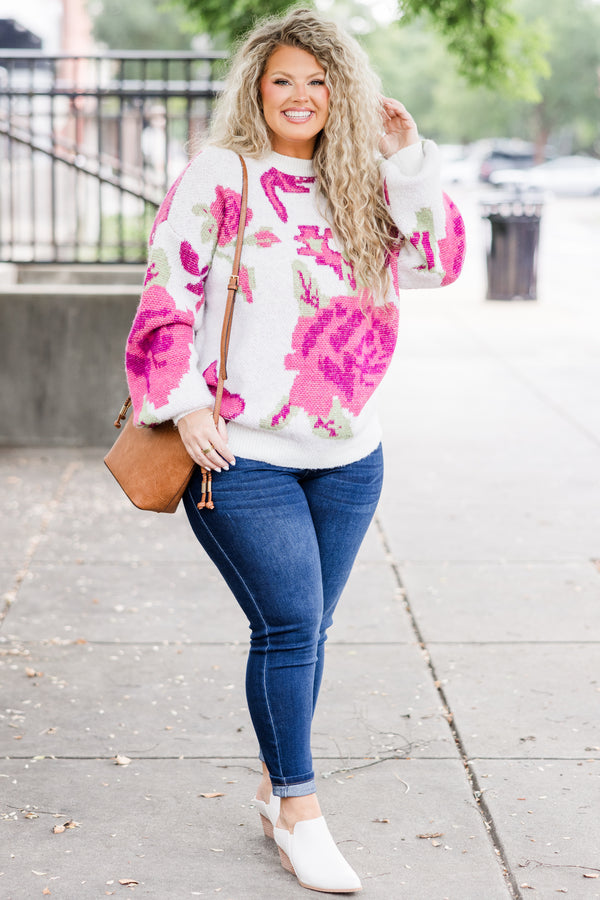 Chic Soul plus size clothing, white knit sweater with pink floral print with cuffed bubble sleeves with round neckline
