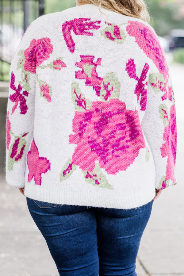 Chic Soul plus size clothing, white knit sweater with pink floral print with cuffed bubble sleeves with round neckline
