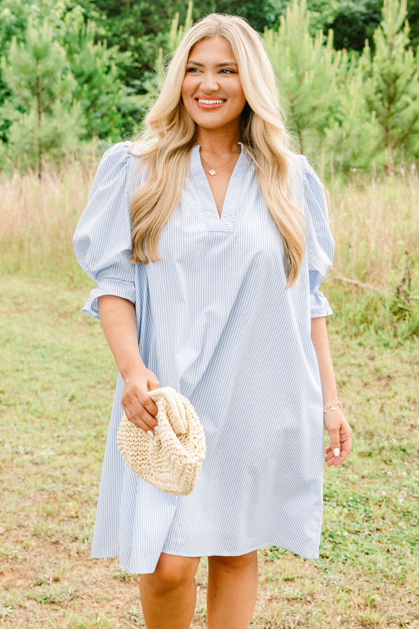 Chic Soul Plus size clothing, blue striped dress with bubble half sleeves and a slight v-neck 
