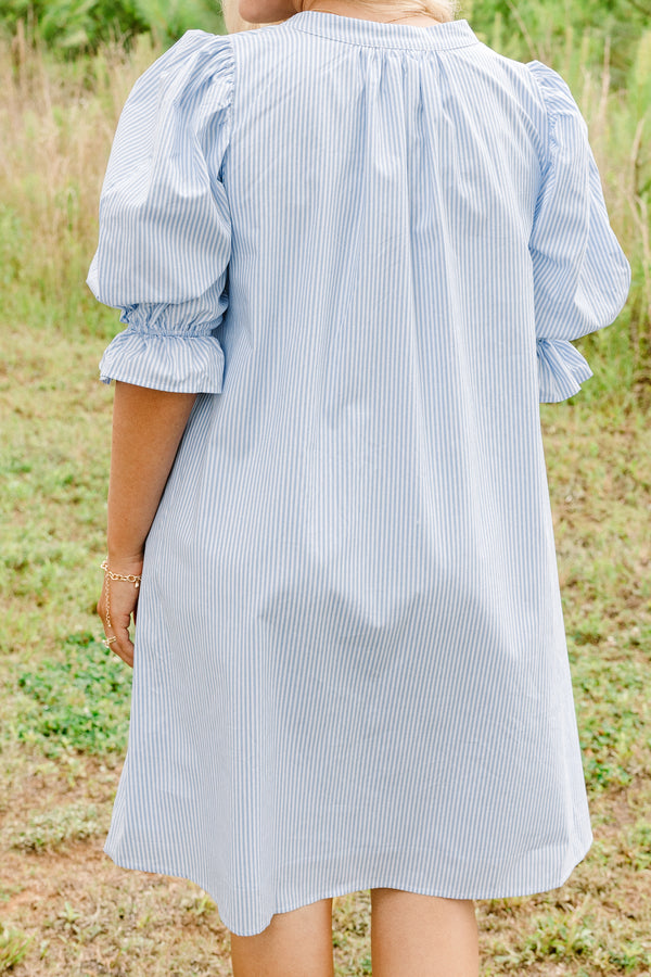 Chic Soul Plus size clothing, blue striped dress with bubble half sleeves and a slight v-neck 
